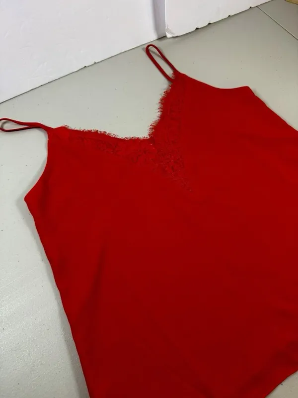 Socialite Red lace trim Cami slip tank top blouse sexy lined M Adjustable Strap - Image 2