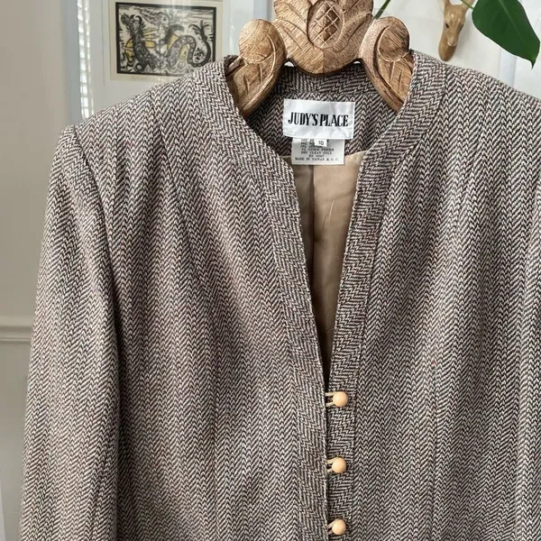 Vintage Judy’s Place Tweed Blazer Jacket Brown Blue M 10 - Image 2