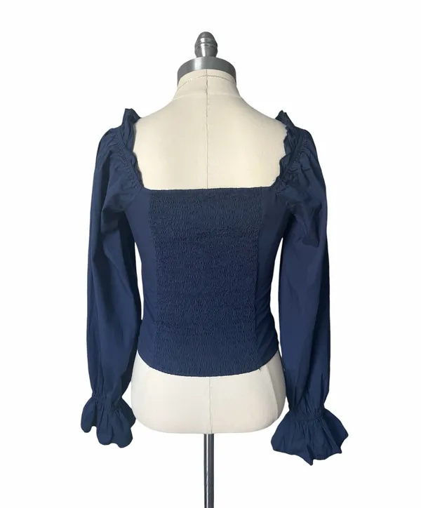 Anthropologie NWT Navy Blue Blouse Sz XS Cotton Sweetheart Neck 3/4 Puff Sleeve - Image 4