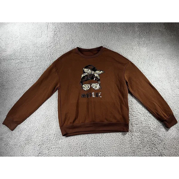 SheIn Mom Life Sweatshirt Women M Oversized Graphic Comfy Cheetah Messy Bun Motherhood - Image 2