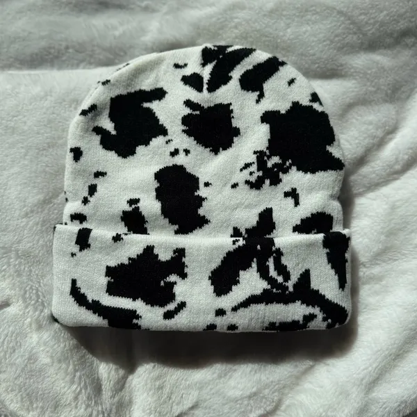 Boutique Cow Print Beanie Western Boho Knit Hat Black White - Image 5