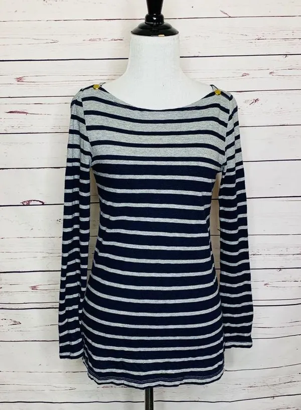 J. Crew Navy Blue & Gray Stripe Painter Tee Long Sleeve T-Shirt Top Size Small - Image 2