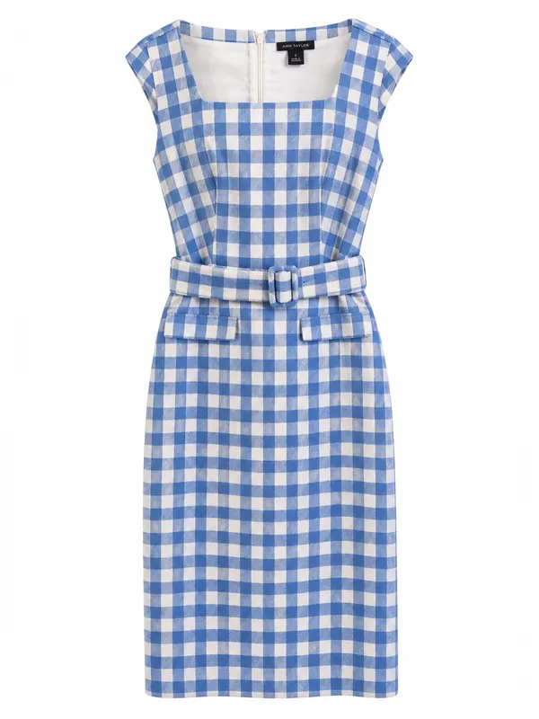 Ann Taylor Blue White Gingham Belted Sheath Dress Size 0 - Image 2