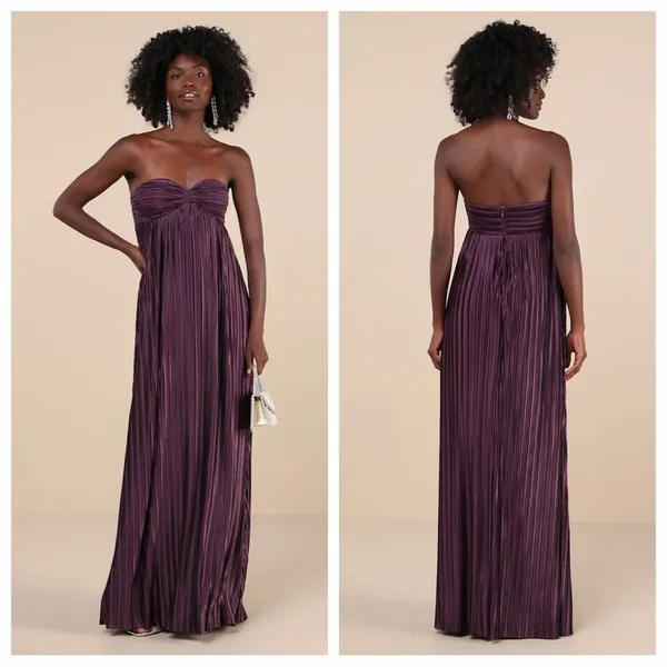 Lulu's Whimsical Beauty Dark Purple Satin Plisse Strapless Maxi Dress - Image 2