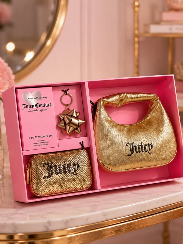 Juicy Couture Gold Mini Hobo 3-Piece Gift Set Wristlet Mirror NWT - Image 2