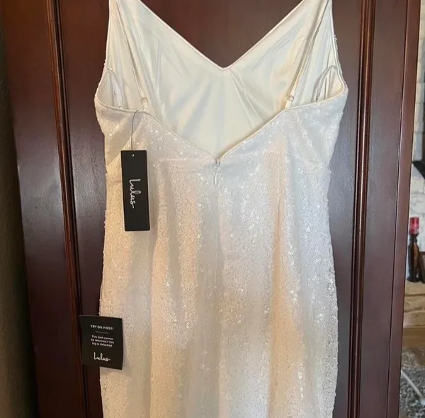 lulu’s white, sequin, sparkly slit dress with adjustable straps - Image 2