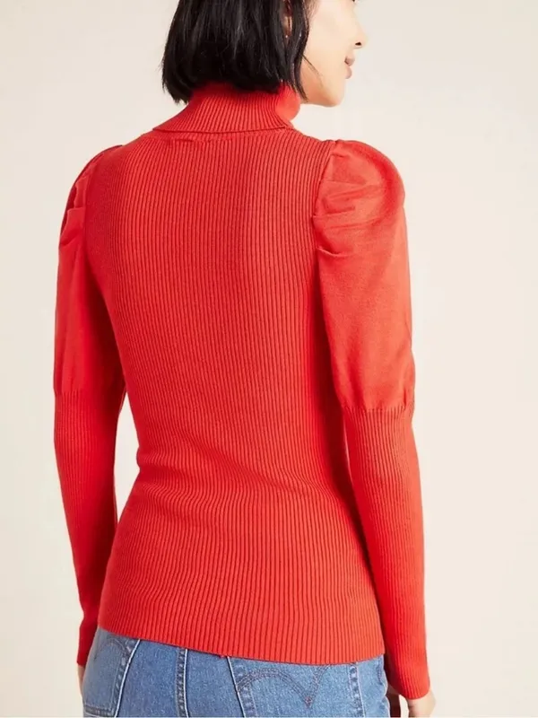 Anthropologie Cecilia Ribbed Puff Sleeve Turtleneck Sweater Red size Medium - Image 2