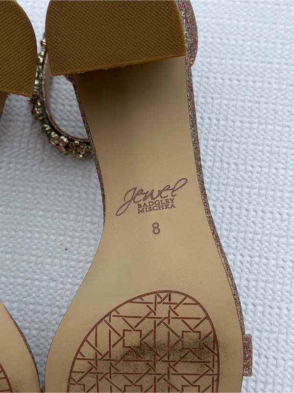 Jewel Badgley Mischka Women’s 8 Rose Gold Glitter Block Heel Sandals - Image 7