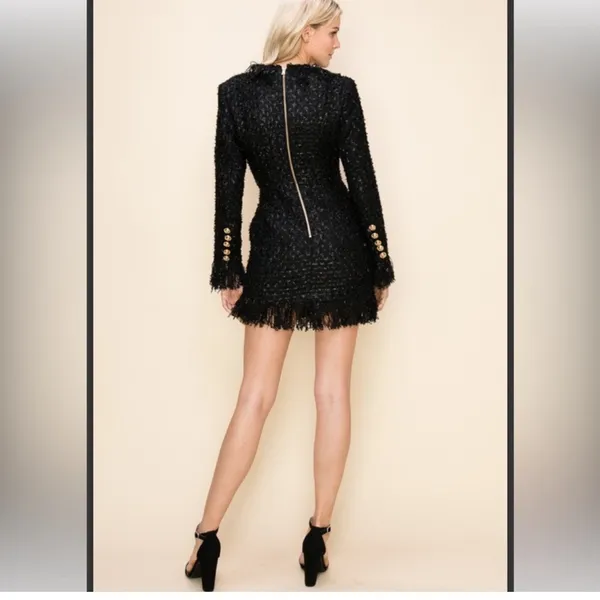 Double Button Tweed Blazer With Fringe Hem Black Size L - Image 4