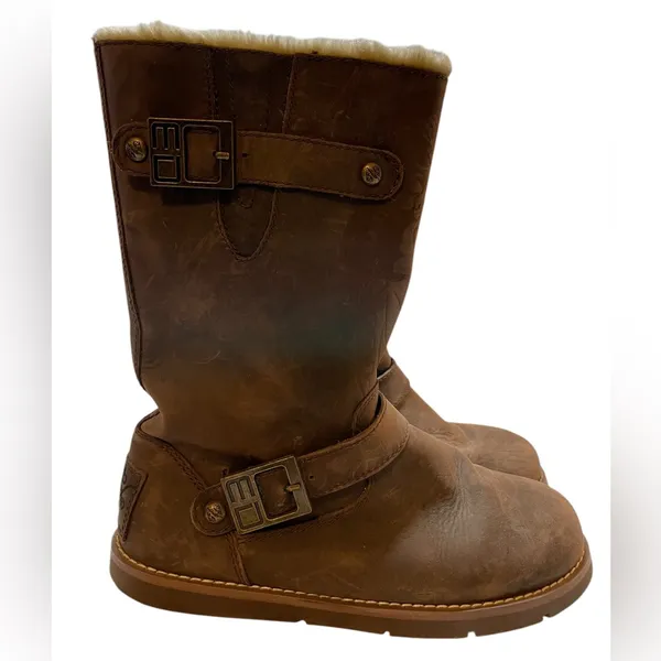 ED HARDY Brown Leather Faux Fur Lined Buckle Trim Snow Boots - Size 9 - Image 2