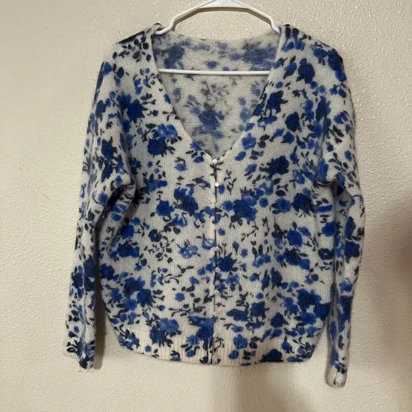 Sézane Lisette Gilet Floral V neck button front mohair Sweater - Blue Peonies XS - Image 2