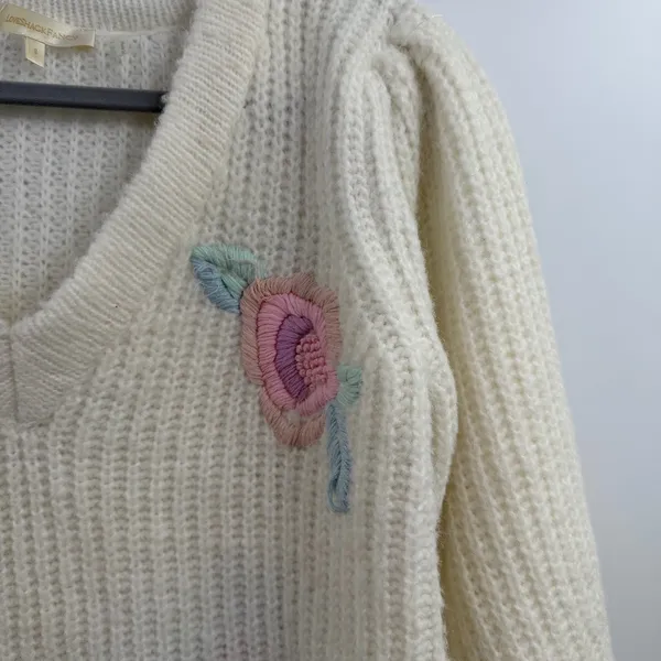 LoveShackFancy Ridge Sweater S Floral Embroidered Wool Blend Cottagecore - Image 2