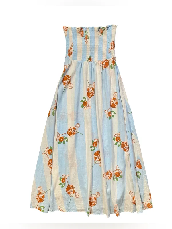 C&C California Linen Strapless Midi Orange Cocktail Spritz Novelty Print Dress - Image 2