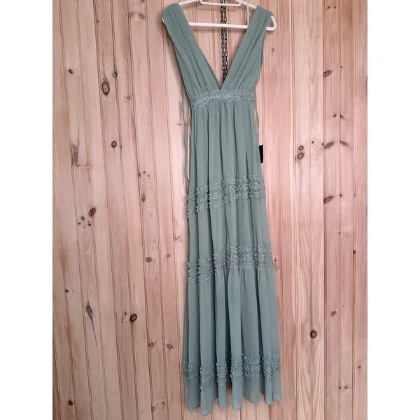 NWT Lulus Adoring Effect Sage Brush Chiffon Tiered Ruffled Maxi Dress Wedding XS - Image 2