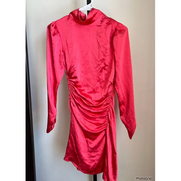 A.L.C. JOSS Dress Mock Neck Satin Ruched Long Sleeve in Hibiscus Size 00 - Image 2