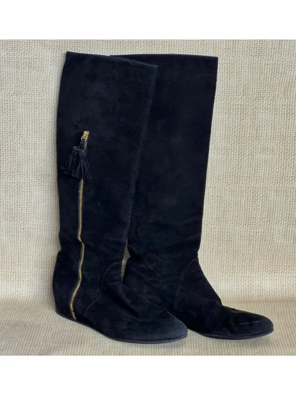Stuart Weitzman Black Suede Leather Hidden Wedge Tall Tassel Boots Size 9 EUC - Image 2