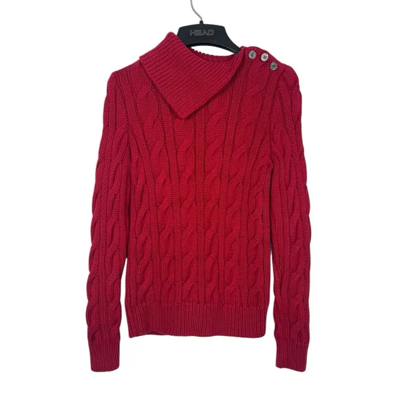 Lauren Ralph Lauren M Red Cable Knit Shawl Collar Button Shoulder Sweater Chunky - Image 3