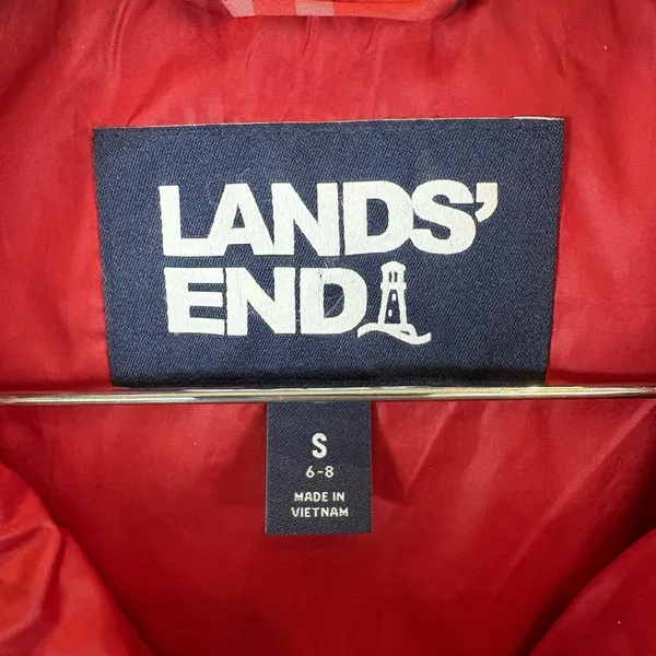 Lands' End Down Puffer Vest Womens S 6/8 Red Tartan Plaid‎ Zip Insulated - Image 3