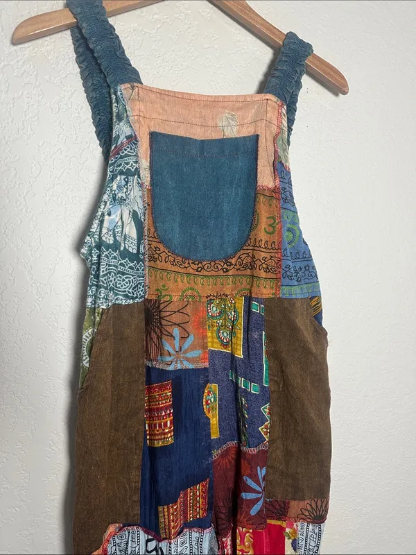 NEW Patchwork Jumpsuit Overalls Granola Girl Hippie Pockets Stretchy Straps Fall - Image 2