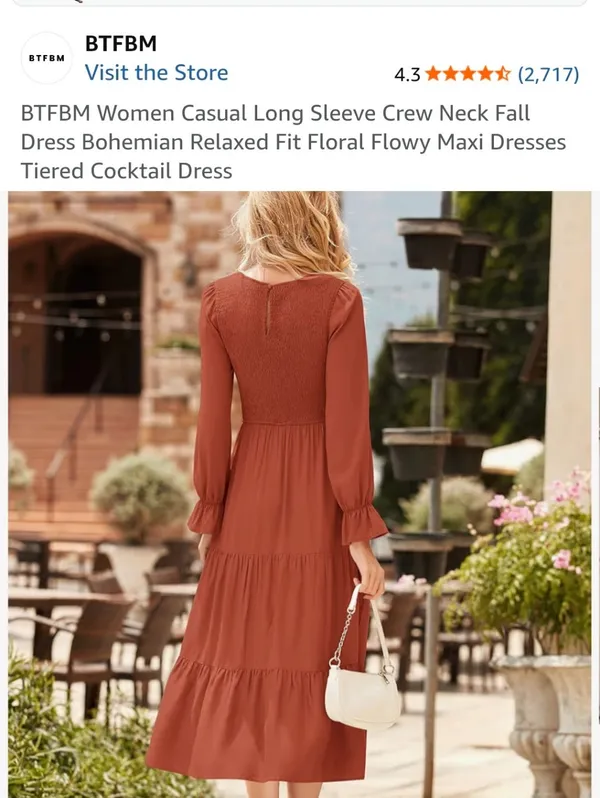 Women’s Long Sleeve Tiered Maxi Dress — Rust Crew Neck Fall Size Medium New - Image 3