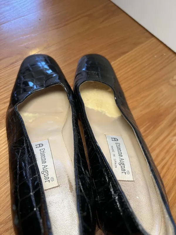 Etienne Aigner Cadiz Shoes Womens Size 7.5 Black Croc Pumps Square Toe - Image 14