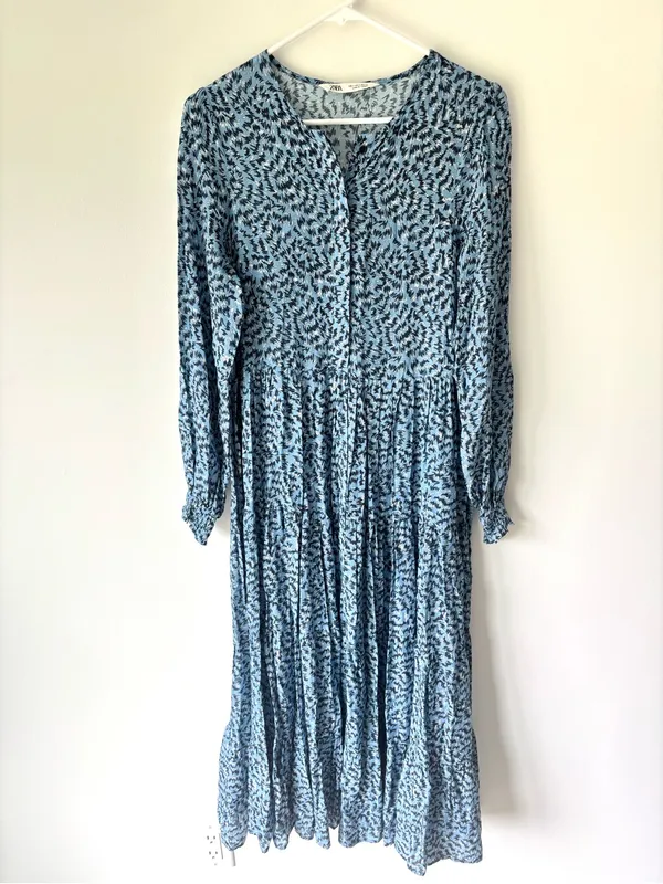 Zara The Angel Dress Blue Abstract Tiered Midi Dress Long Sleeves Flowy Boho - Image 3