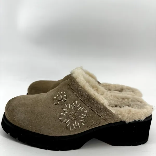 Ugg Solvang Clogs Y2K Suede Sheepskin Shearling Chunky Block Heel Floral Beige 6 - Image 3