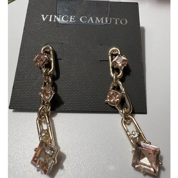 Vince Camuto Gold Tone Champagne Crystal Chain Link Drop Earrings Womens‎ New - Image 4
