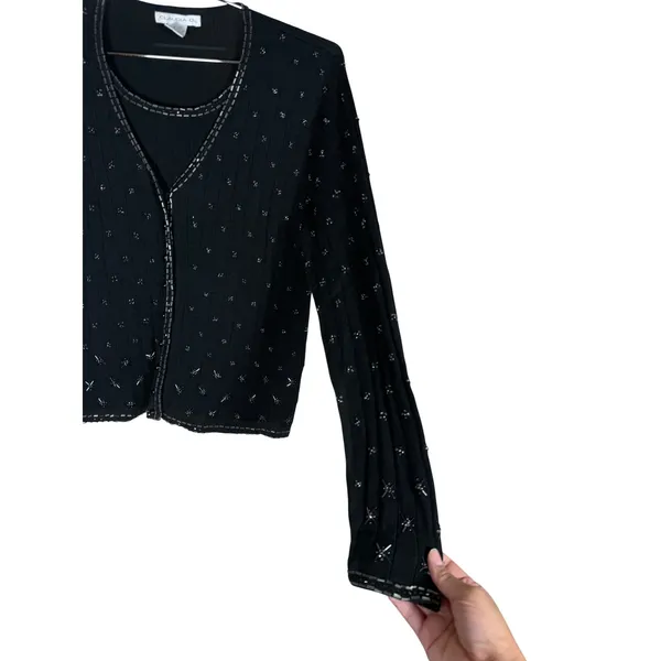 Claudia D Womens Black Beaded Ribbed Cardigan Top Vintage L - Image 6