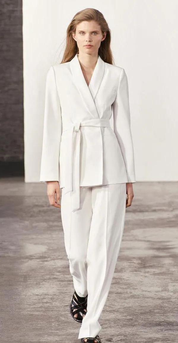 ZARA Tuxedo Blazer With Waist Tie Suit Jacket White - Image 3