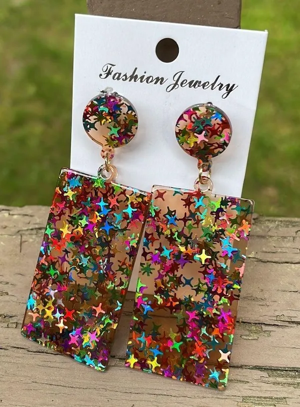 Multicolored Star Resin Rectangle Drop Earrings - Image 5
