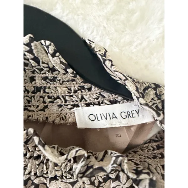 Olivia Grey Floral Smocked High Neck Mini Dress Tan Black Sleeveless‎ XS - Image 5
