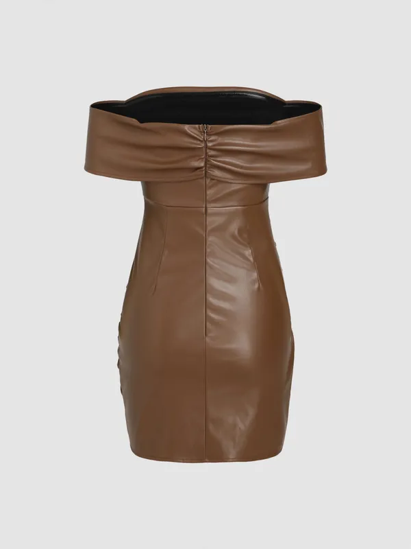 Cider Off The Shoulder Brown Leather Dress - Image 2
