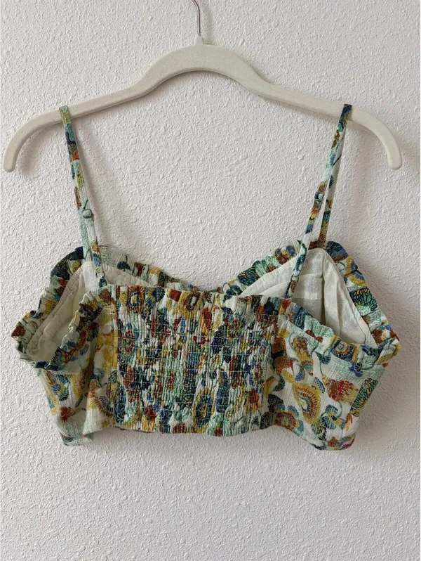 By Anthropologie Twist Crop Top Size Medium Bra Top Only Smocked Floral Ruffle - Image 2