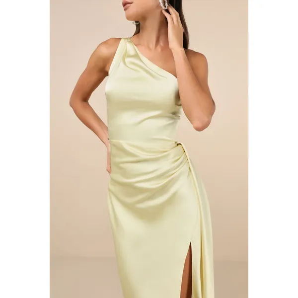 NWT Lulus Signature Elegance Pale Yellow Satin One-Shoulder Maxi Dress Gala Sz S - Image 8