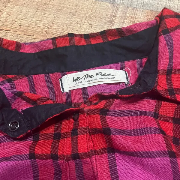 Free People Women's Pink Red Plaid Wool Blend Pacific Dawn Shirt Sz L Flannel - Image 7