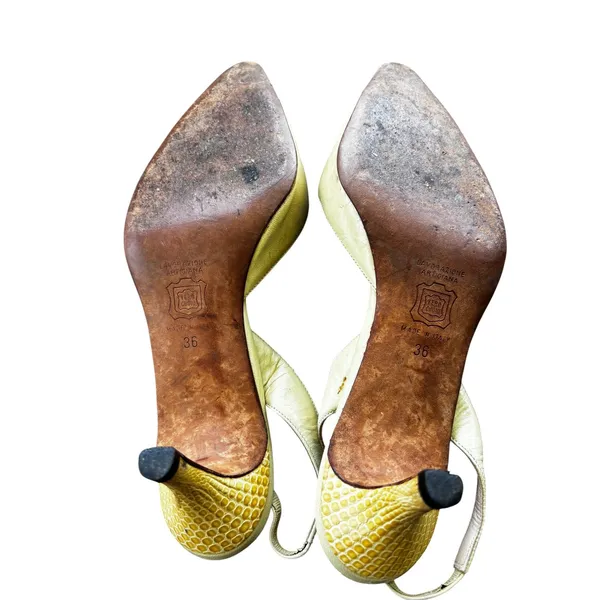 Vintage Manolo Blahnik Slingback Pumps 36 Yellow Snake Embossed Pointed Toe - Image 7
