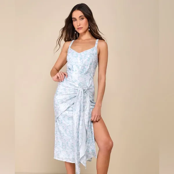 Lulus NWT Glistening Beauty Light Blue Floral Sequin Tie-Front Midi Dress - Image 6