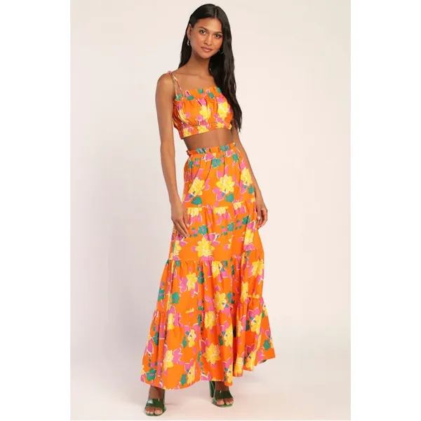 Lulus 100% Cotton‎ Maxi Skirt M Orange Floral Tiered High Waist Boho Summer - Image 2