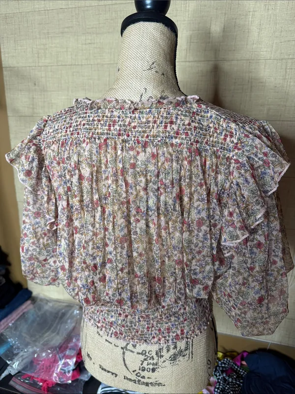Free People Smocked Floral Lace-Up Crop Top XL NWOT Boho Prairie Cottagecore - Image 9
