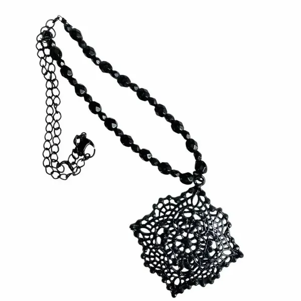 Avon Vintage Black Filigree Statement Necklace Gothic Lace Pendant - Image 5