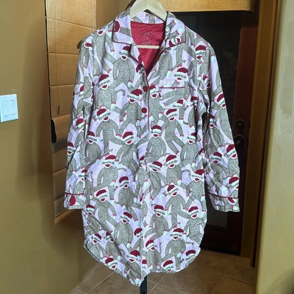 Nick & Nora Sock Monkey Flannel Nightshirt Medium Pink Christmas Pajama Rare - Image 2