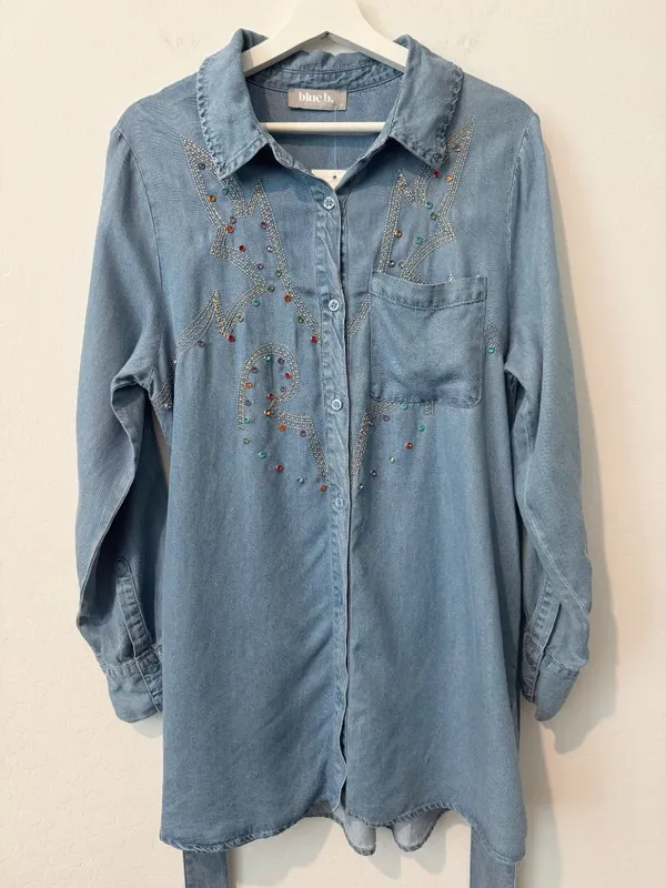 Blue B Chambray Embroidered Tunic Shirt Size Medium Rhinestone Studded Western - Image 12