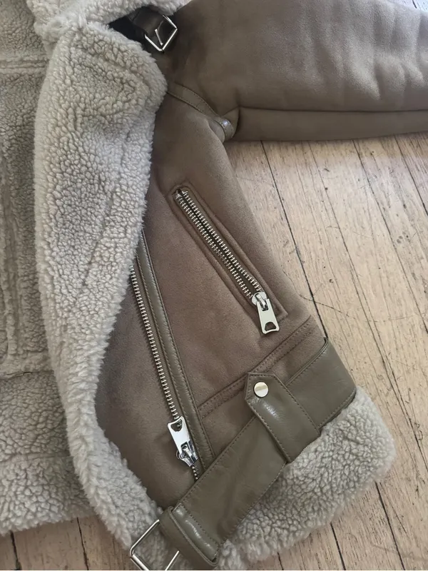 Zara Taupe Suede-Look Shearling Moto Jacket - Image 6