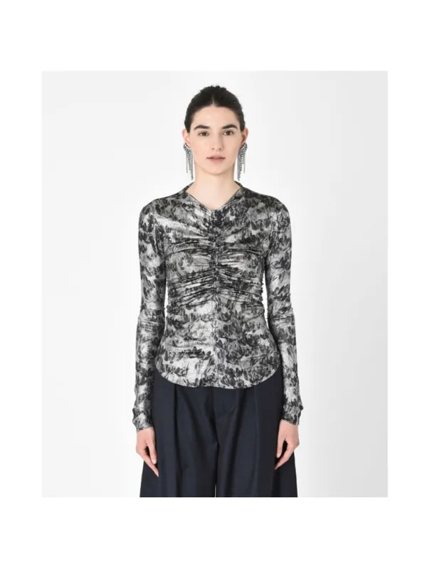 Isabel Marant Diego Floral Ruched Print Stretch Silk Blend Silver Black Top 36 - Image 12