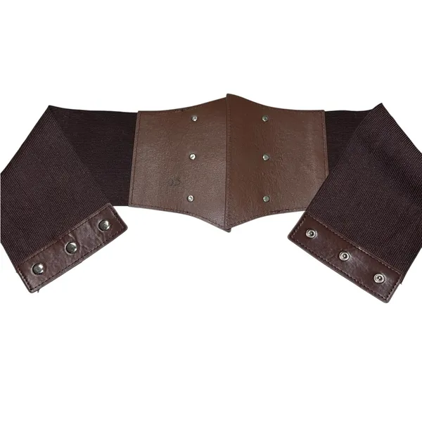Brown snap in back wide belt with silver ring strap design - Image 4