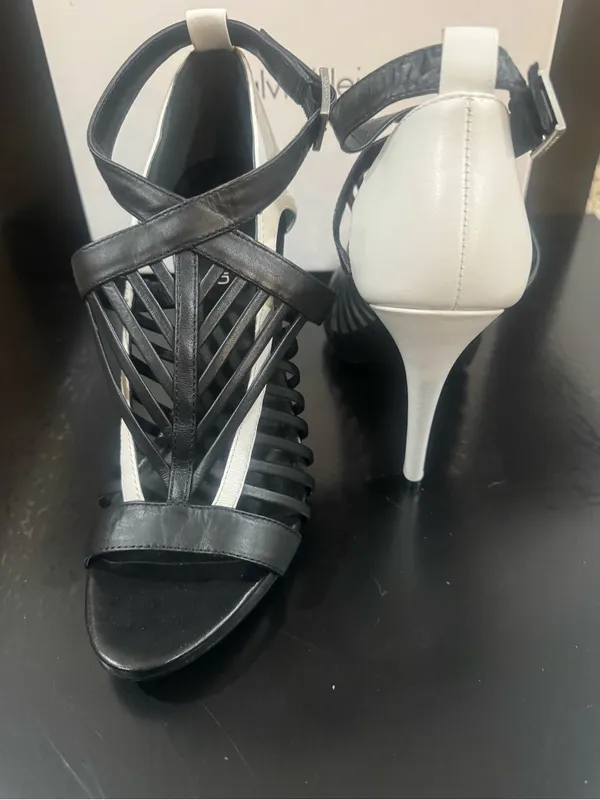 Calvin Klein Black and White Strappy Stiletto Sandals - Image 5