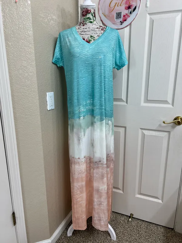V-Neck Ombre Beach Maxi Cover-Up in Turquoise and Peach - Image 2