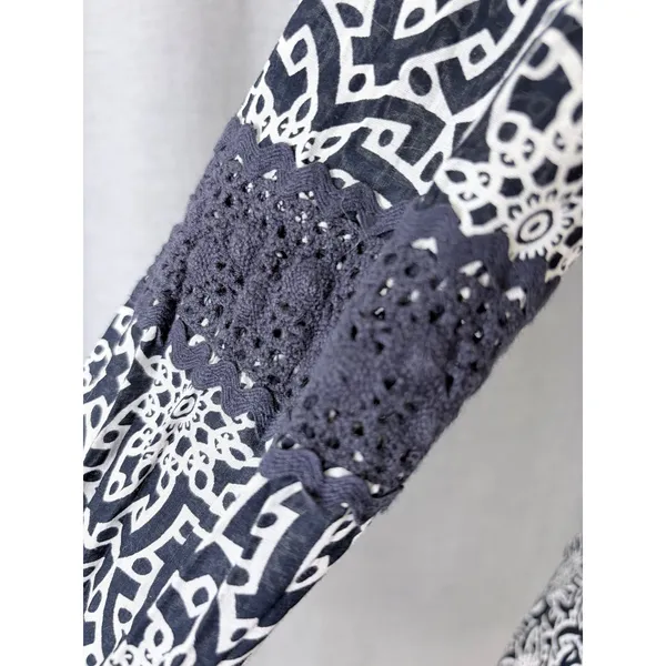 Tory Burch Navy White Geometric Crochet Tassel Blouse Size 10 Cotton Boho‎ Top - Image 6