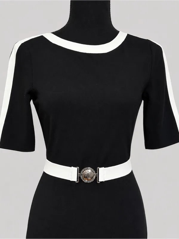 Lauren Ralph Lauren XS Black White Colorblock Belted Sheath Dress Stretch Knit - Image 2